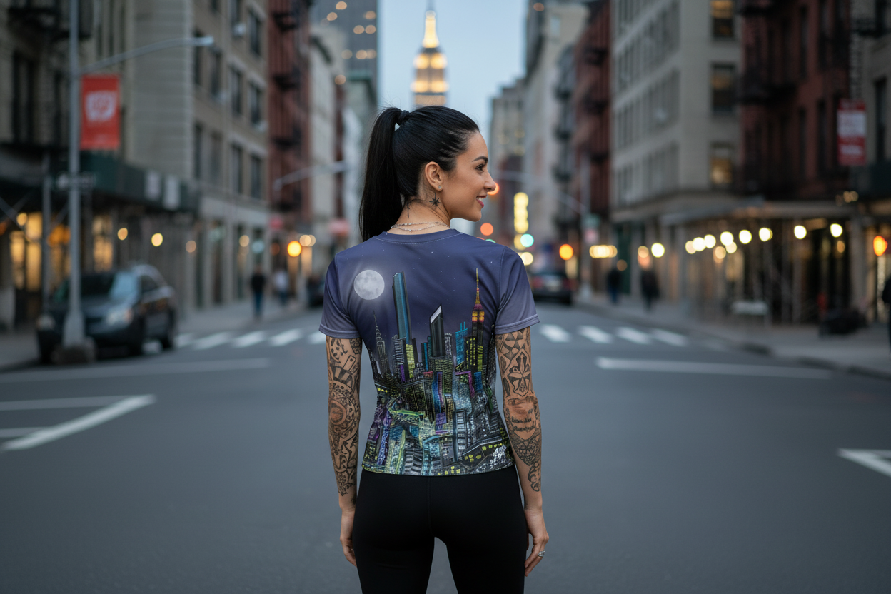 Woman standing on a city street wearing a t-shirt with a colorful Loria NYC Art design.