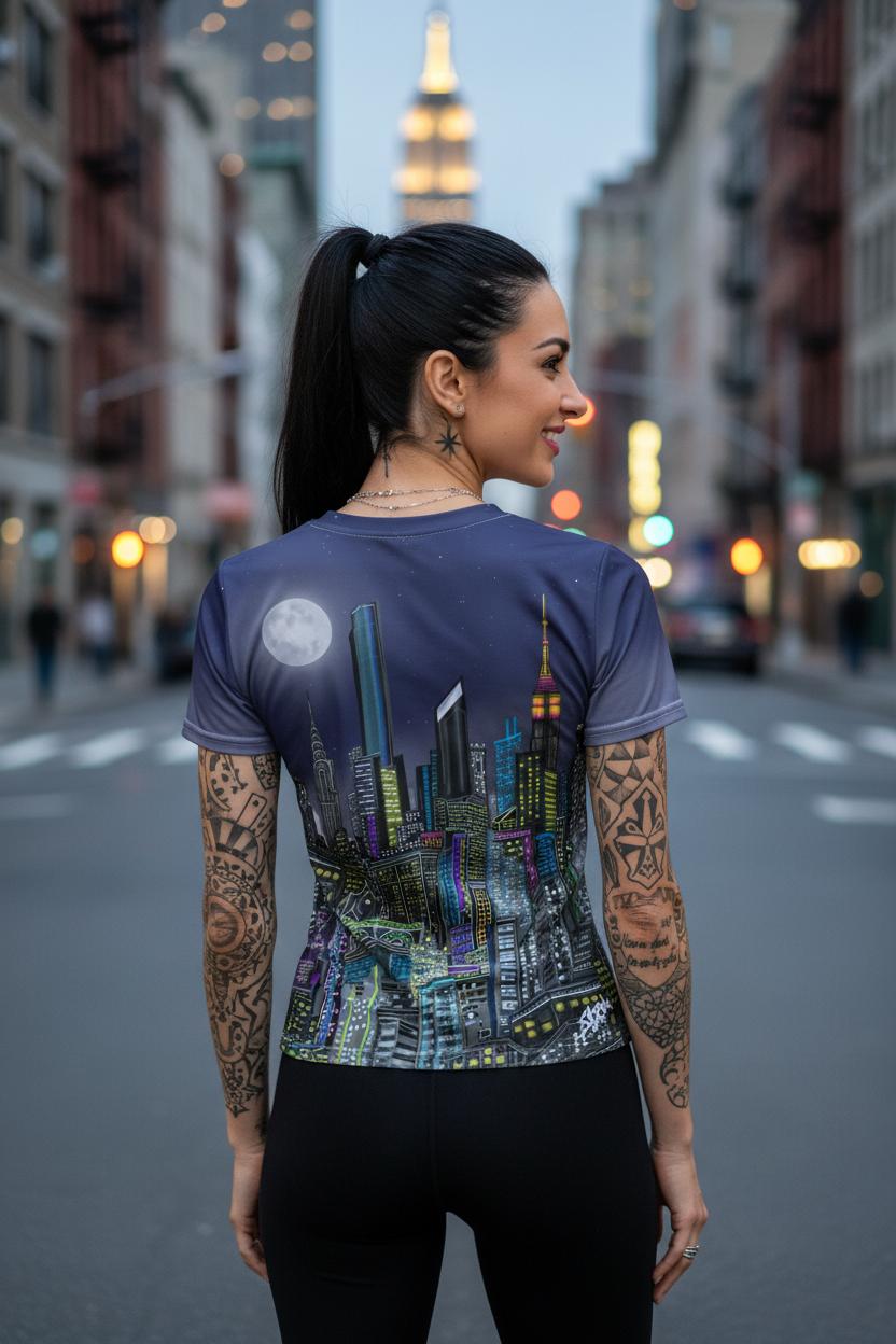 Woman wearing a shirt with a cityscape Loria NYC Art design on a city street.