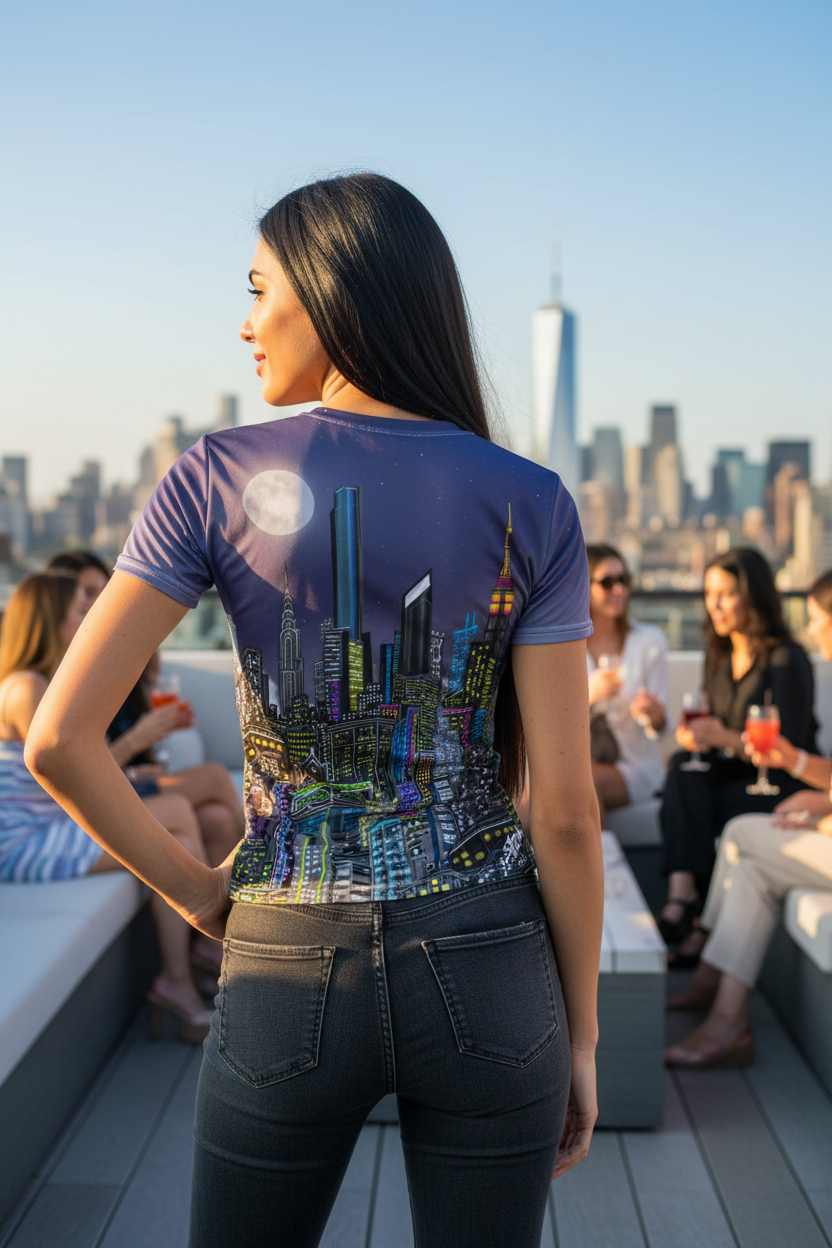 Woman wearing a t-shirt with a cityscape Loria NYC Art design on a rooftop with a city skyline in the background.
