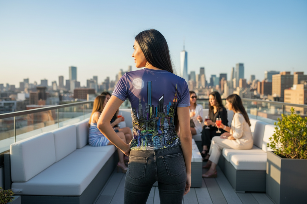 Woman on a rooftop with a Loria NYC Art cityscape view, people sitting around her.