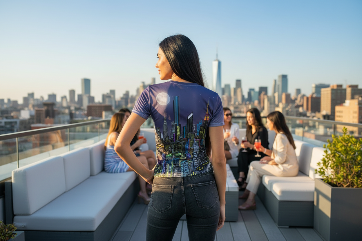Woman on a rooftop with a Loria NYC Art cityscape view, people sitting around her.