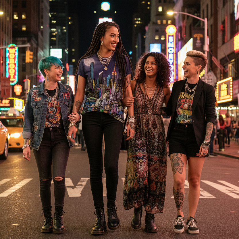Female wearing a Loria NYC Art shirt walking with friends down a busy city street at night with neon signs and taxis in the background.