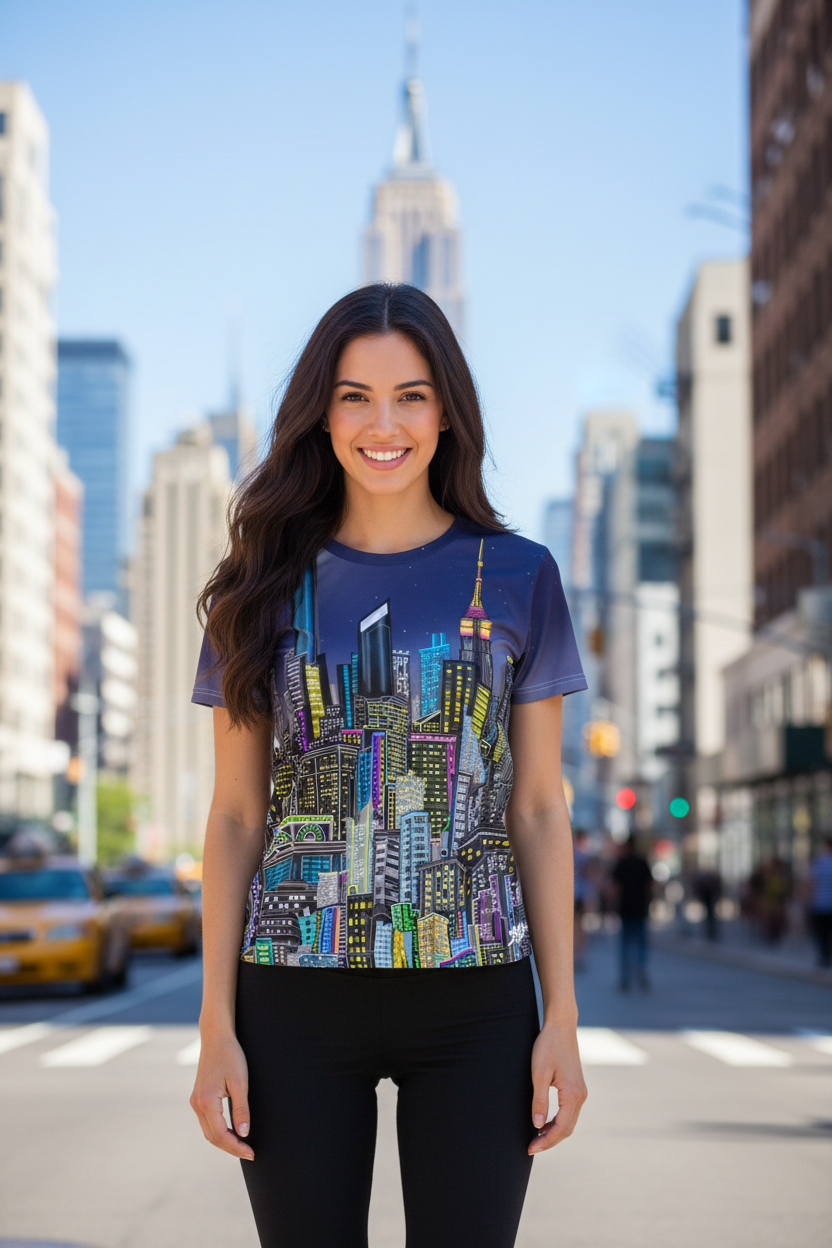 Woman wearing a colorful Loria NYC Art cityscape t-shirt on a city street