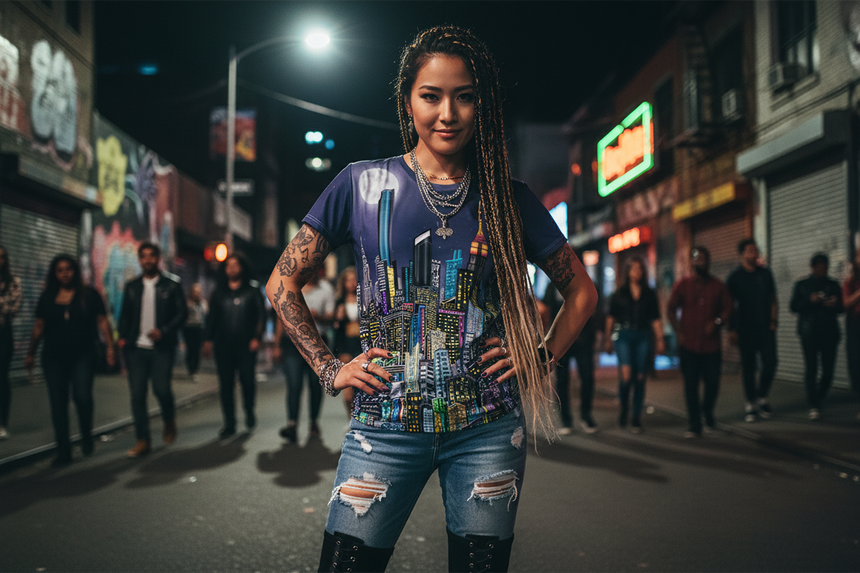 Woman in a colorful Loria NYC Art shirt standing on a street at night with neon signs and people in the background.