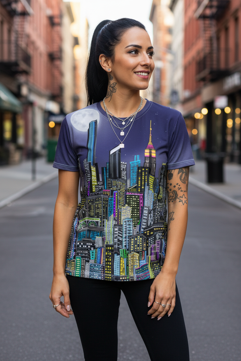 Woman wearing a colorful Loria NYC Art cityscape t-shirt on a city street