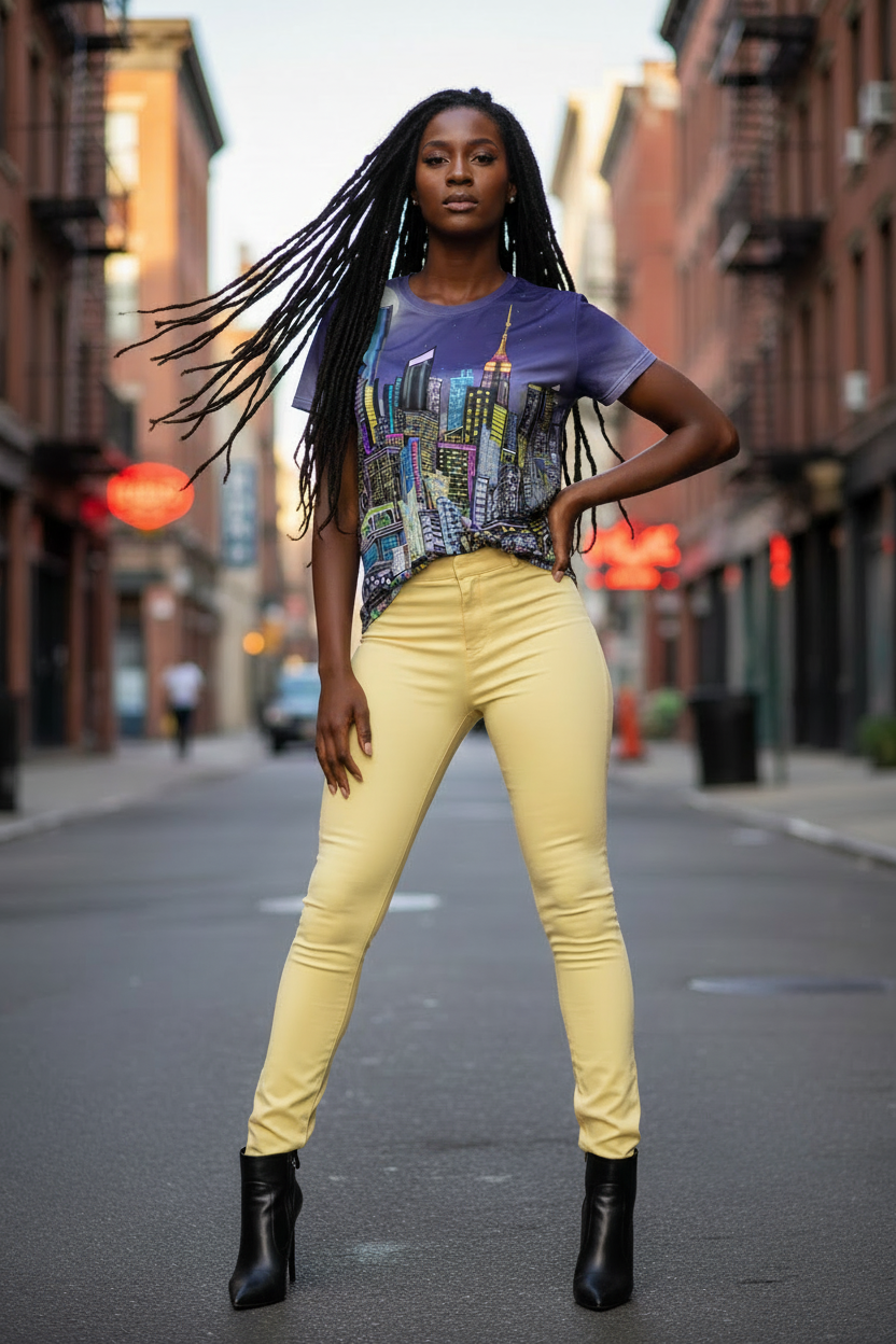 Woman in a Loria NYC Art cityscape t-shirt and yellow pants standing on a street with buildings in the background
