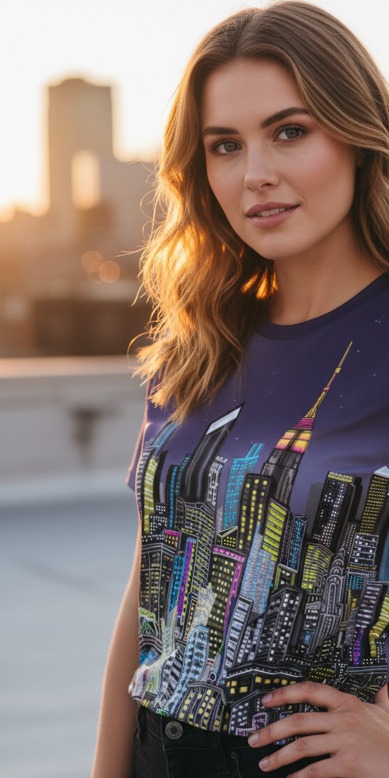 Woman wearing a purple t-shirt with a cityscape Loria NYC Art design on a rooftop with city skyline in the background.