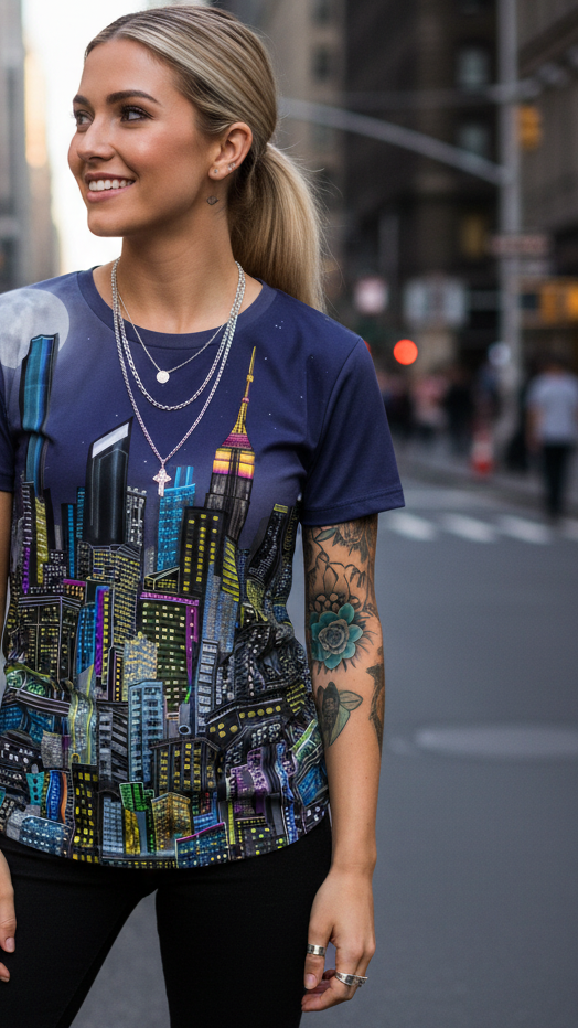 Woman wearing a Loria NYC Art colorful cityscape t-shirt on a city street