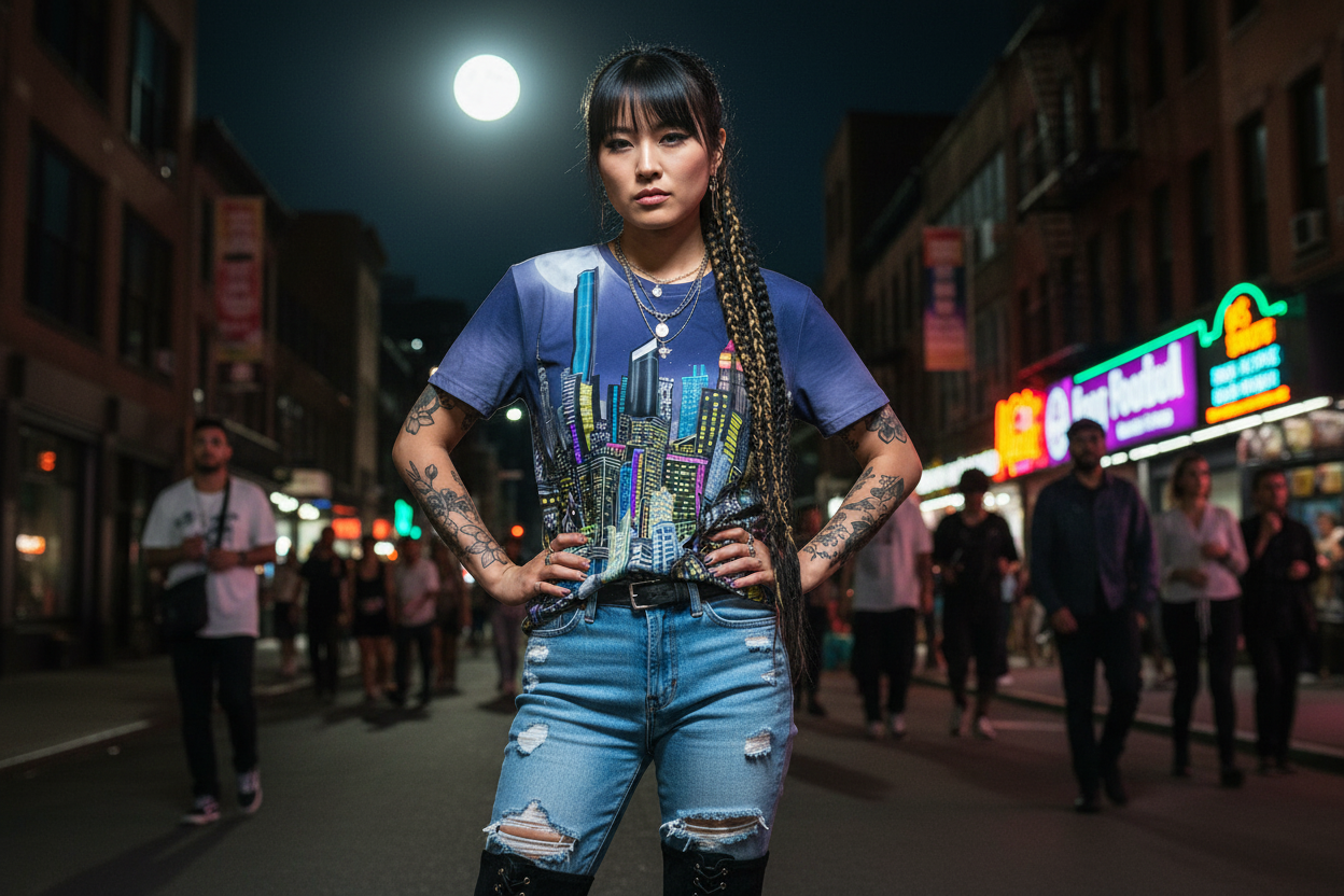 Person wearing a Loria NYC Art shirt standing on a city street at night with neon signs in the background