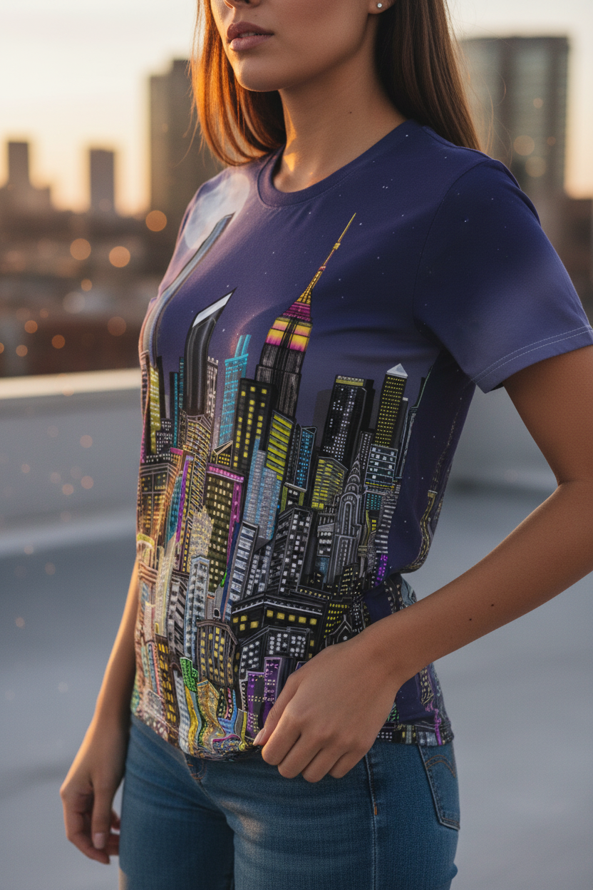 Woman wearing a t-shirt with a colorful cityscape Loria NYC Art design, standing against an urban background.