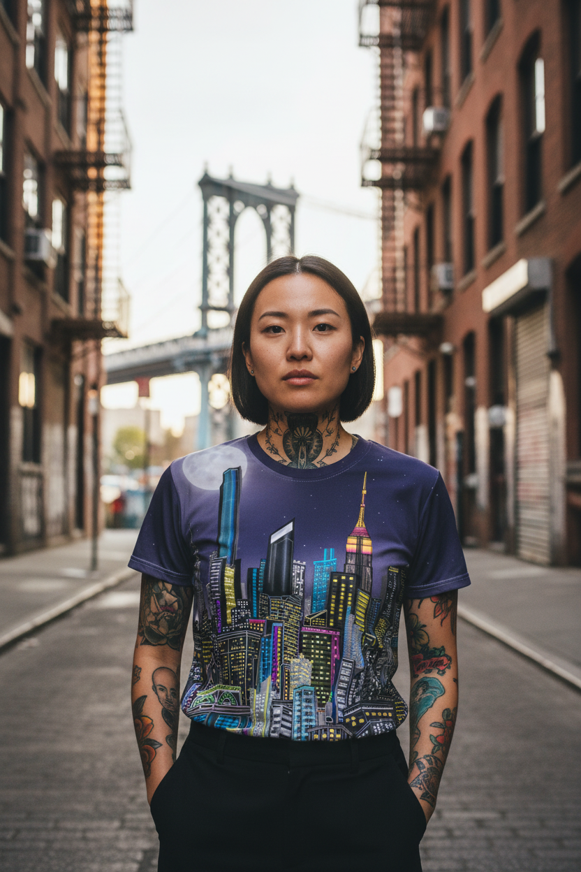 Person wearing a t-shirt with a Loria NYC Art cityscape design in an urban setting