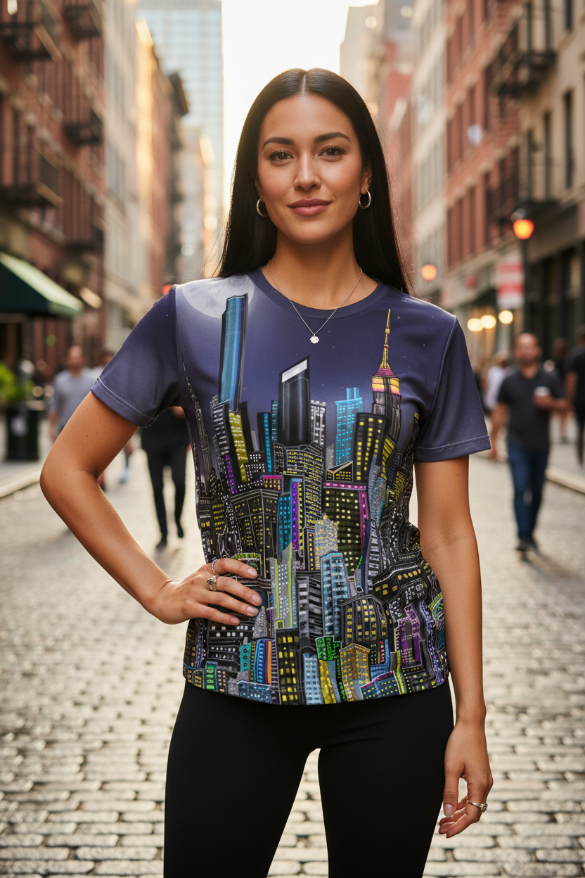 Woman wearing a colorful Loria NYC Art cityscape t-shirt on a city street