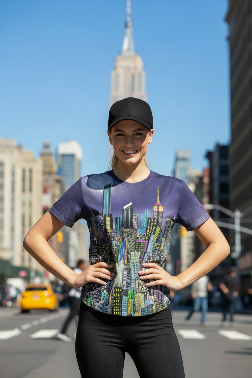Woman wearing a Loria NYC Art t-shirt with a cityscape design on a street with the Empire State Building in the background