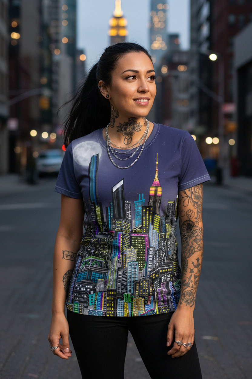 Woman wearing a colorful Loria NYC Art cityscape t-shirt on a city street.