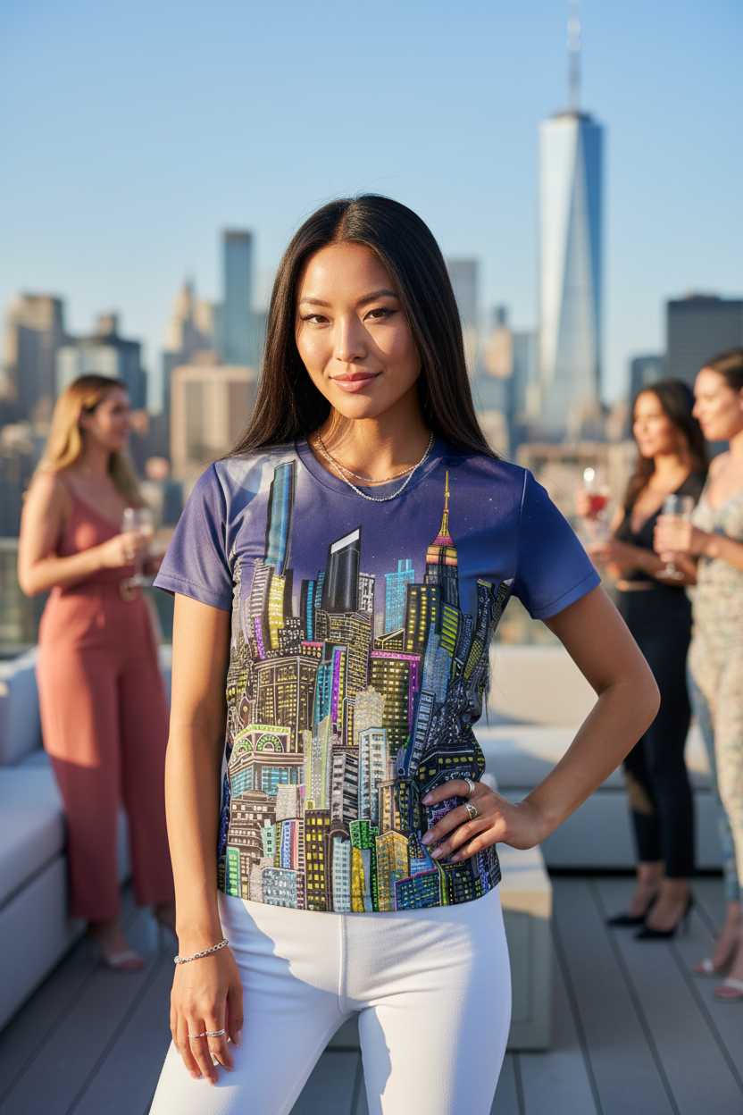 Woman wearing a colorful Loria NYC Art cityscape t-shirt with a skyline in the background