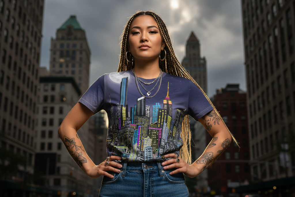 Person wearing a graphic t-shirt with cityscape Loria NYC Art design in an urban setting