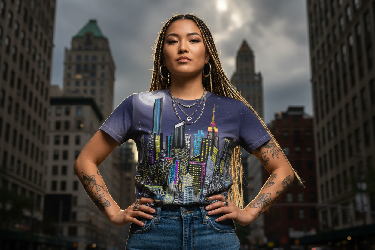 Person wearing a graphic t-shirt with cityscape Loria NYC Art design in an urban setting