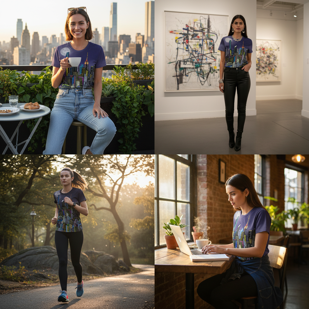 Collage of a woman in different settings: outdoors, in an art gallery, running, and working at a desk wearing tee shirt designed by Loria NYC Art