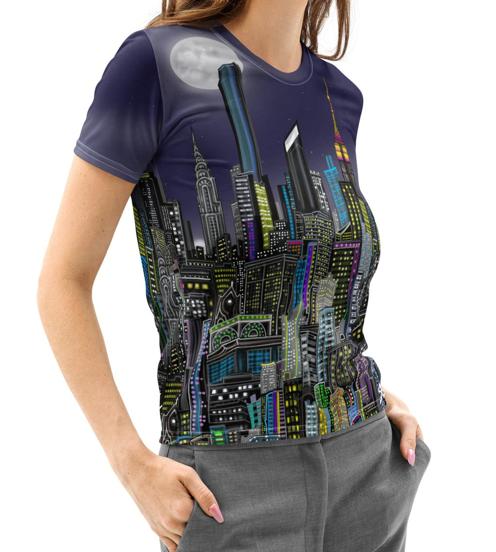 Woman wearing a Loria NYC Art cityscape t-shirt on a white background