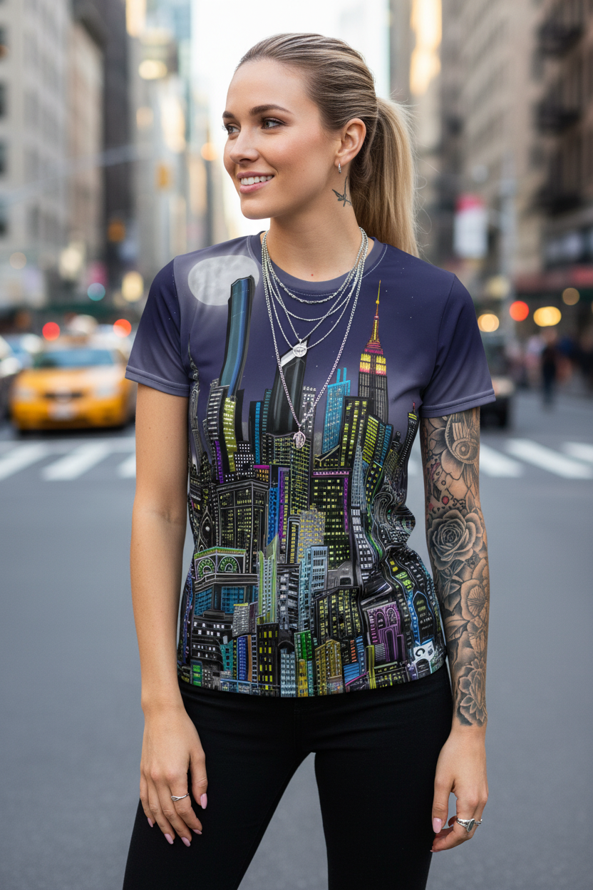 Woman wearing a colorful Loria NYC Art cityscape t-shirt on a city street