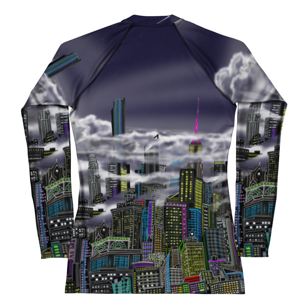 Back of  NYC skyline Rash Guard shirt with Cavalieri Notte Urbana designed by S.Loria NYC Art