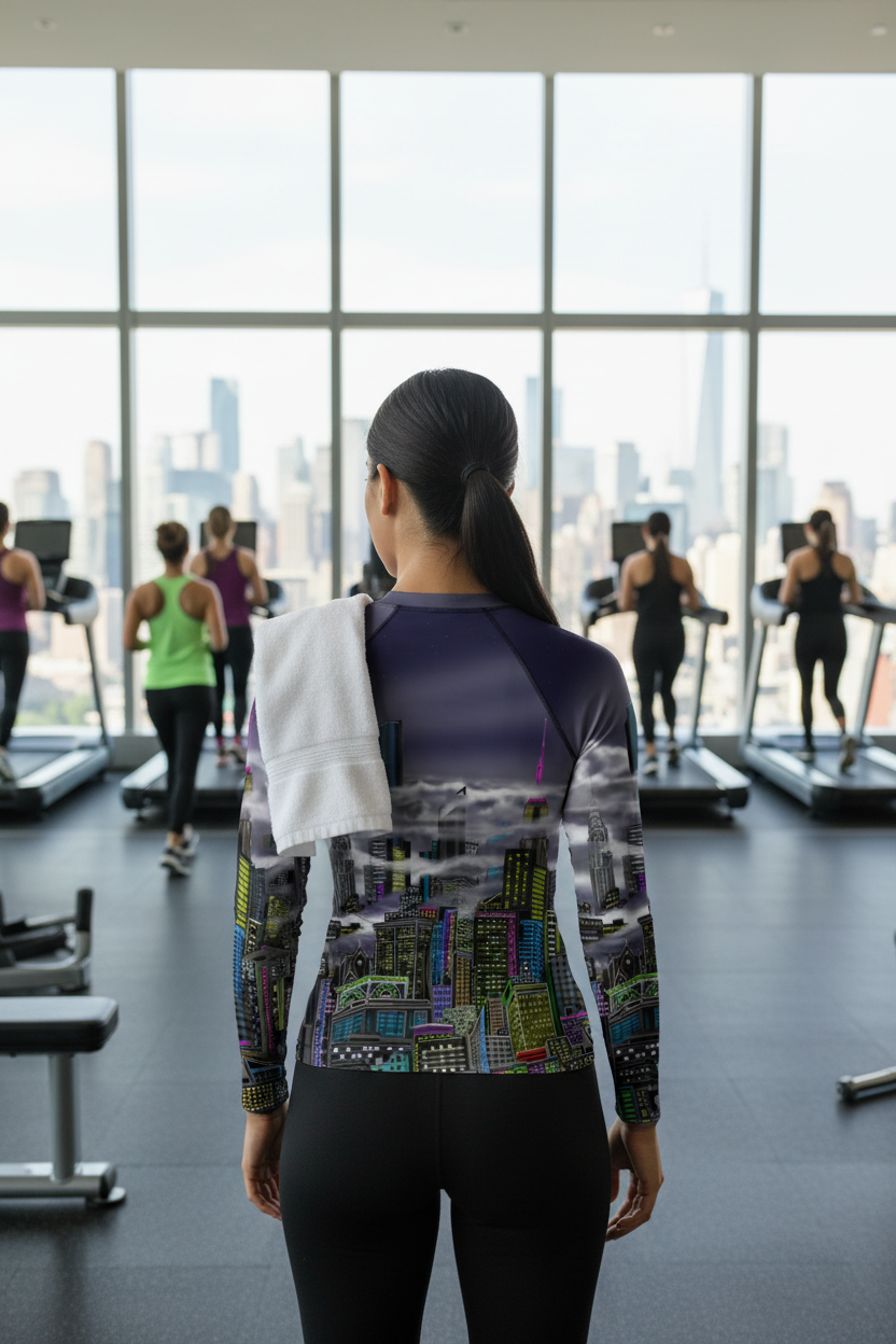 Woman in a gym with a cityscape view from large windows wearing a Loria NYC Art shirt