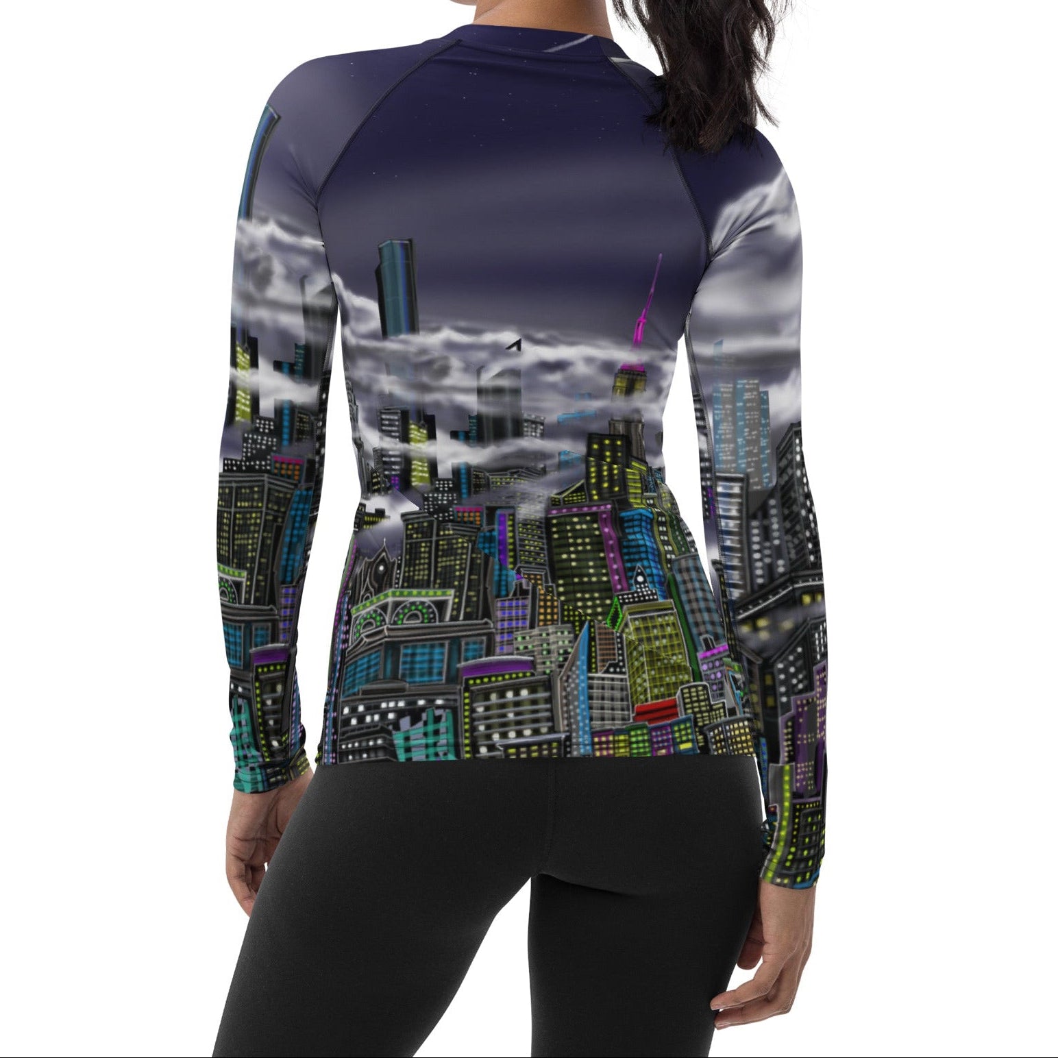 Back of a Women posing in a Rash Guard shirt designed by S.Loria NYC Art