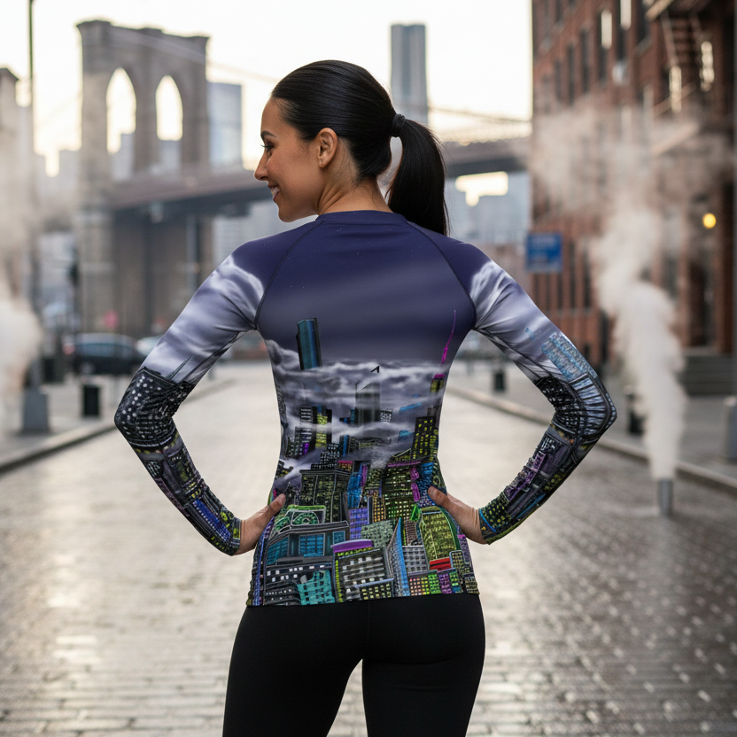 Woman wearing a long-sleeve athletic shirt with a cityscape Loria NYC Art design on a city street.