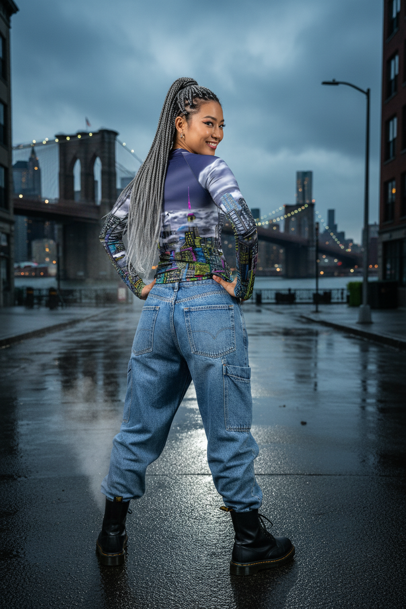 Person wearing colorful Loria NYC Art shirt standing on a rainy street with the Brooklyn Bridge in the background