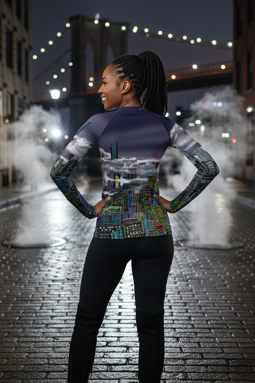 Person wearing a Loria NYC Art shirt with cityscape design on a city street at night.