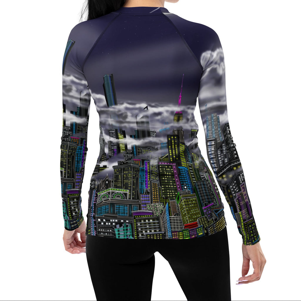 Back of Women wearing a Loria NYC Art rashguard on a white background
