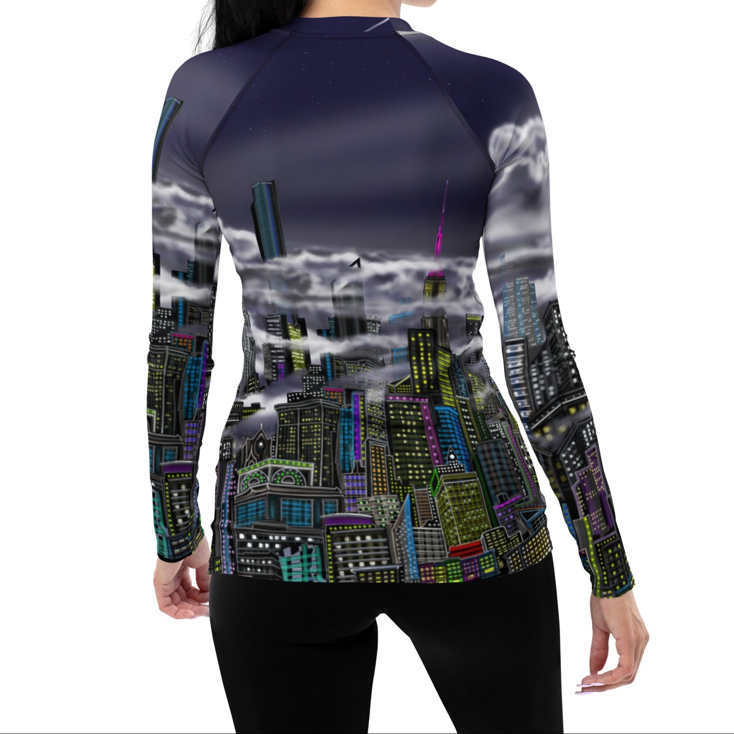 Back of Women wearing a Loria NYC Art rashguard on a white background