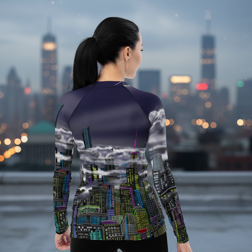 Person wearing a patterned long-sleeve shirt with a cityscape designed by Loria NYC Art standing on a rooftop with a city skyline in the background.