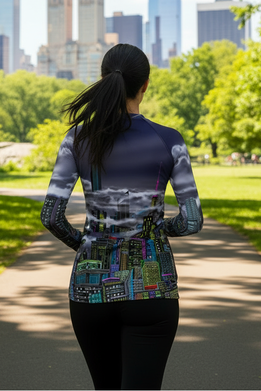 Person wearing a Loria NYC Art shirt walking on a path in a park with city skyline in the background