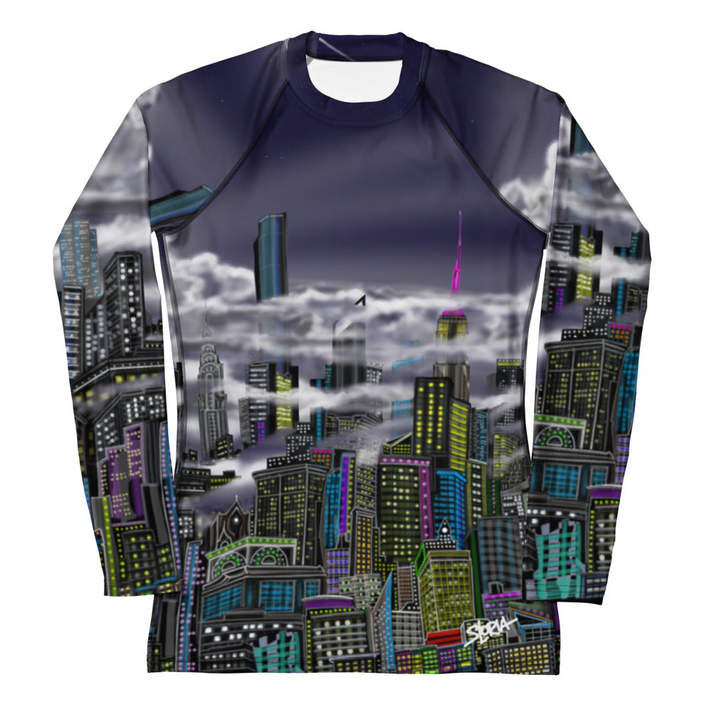 Front of NYC skyline Rash Guard shirt with Cavalieri Notte Urbana designed by S.Loria NYC Art