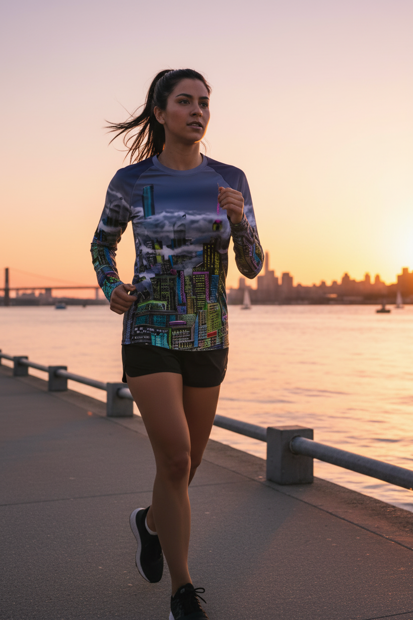 Woman running on a path by a waterfront with a city skyline in the background during sunset wearing the Loria NYC Art shirt