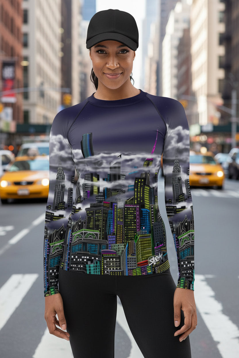 Women posing in a Rash Guard shirt with Cavalieri della Notte Urbana designed by S.Loria NYC Art