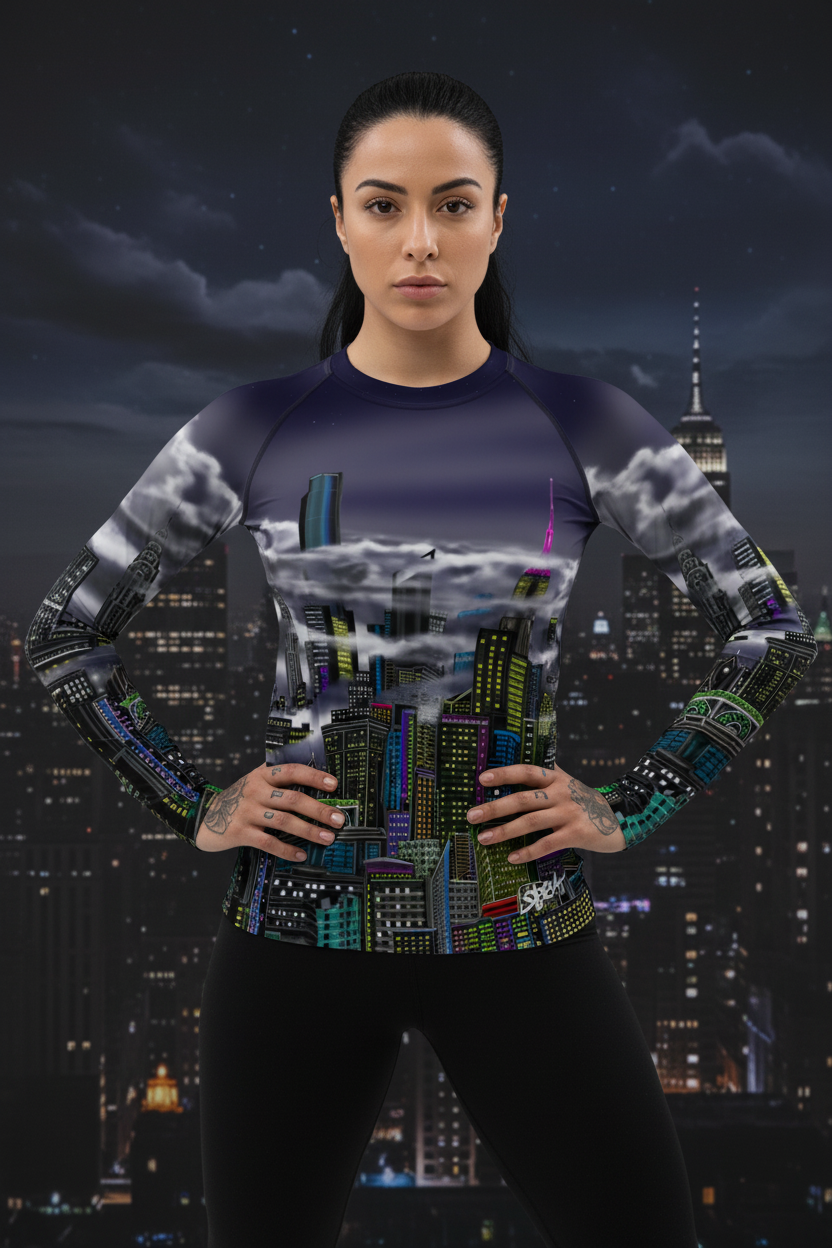 Person wearing a Loria NYC Art shirt with cityscape design against a dark city skyline.