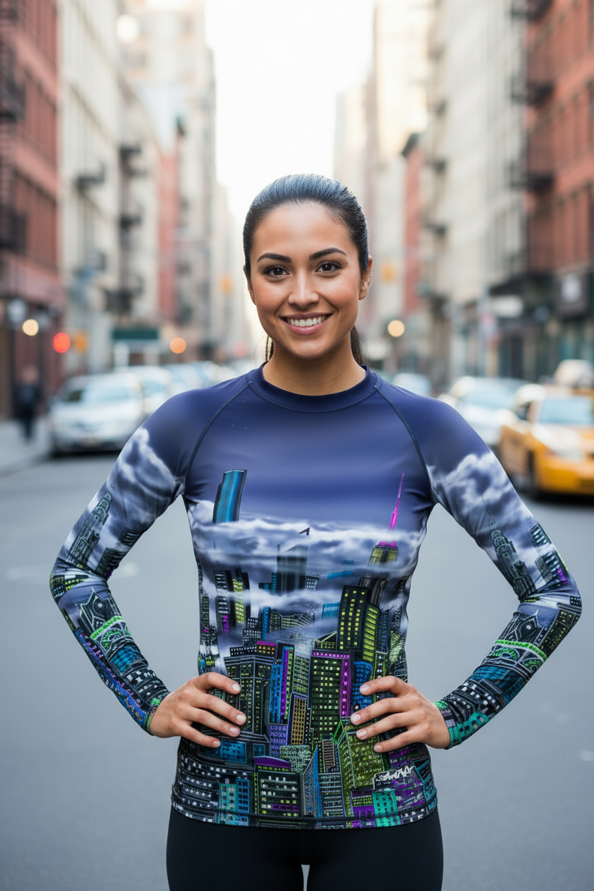 Woman wearing a long-sleeve shirt with a cityscape Loria NYC Art design on an urban street.