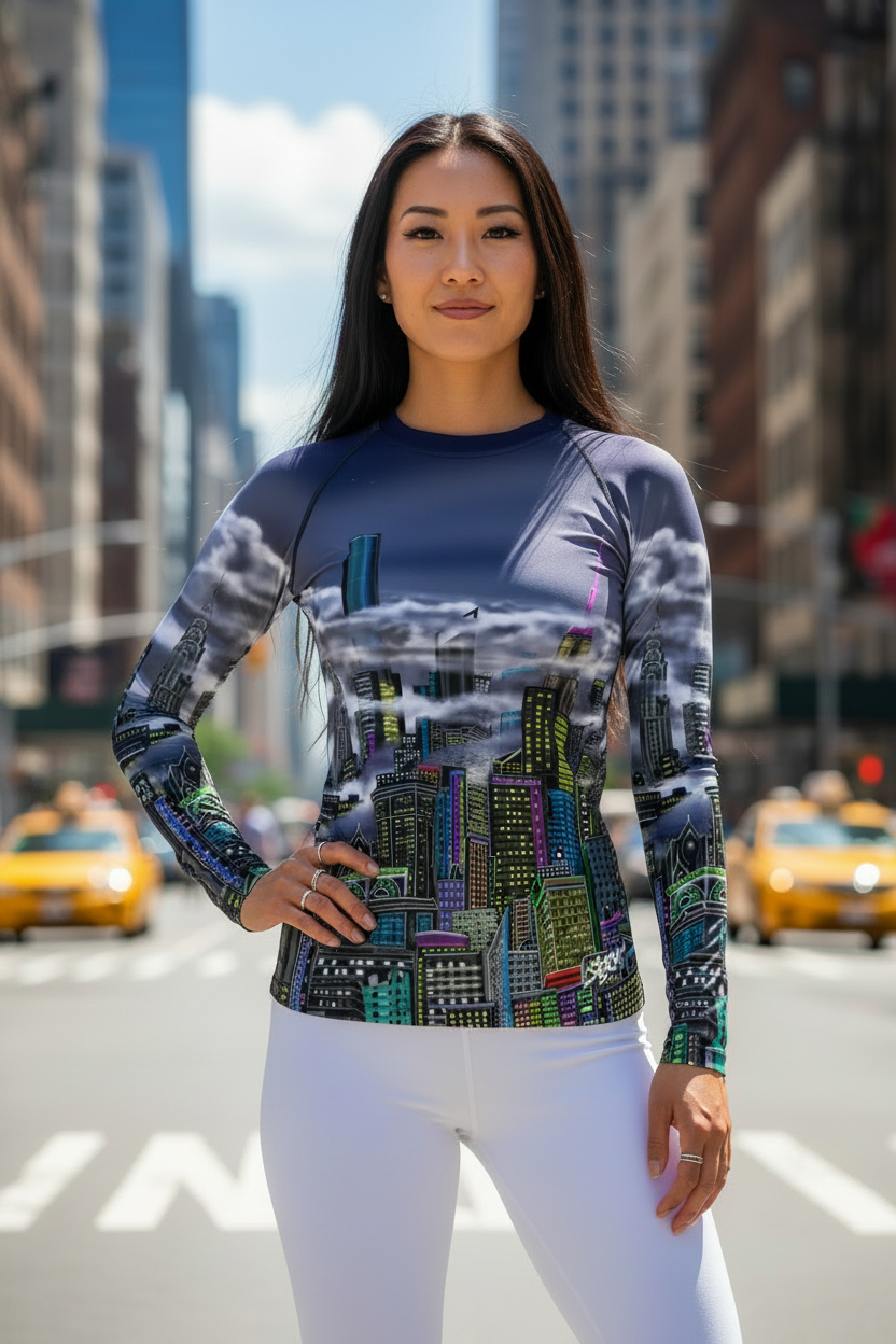 Woman wearing a long-sleeve shirt with cityscape Loria NYC Art design on a city street.