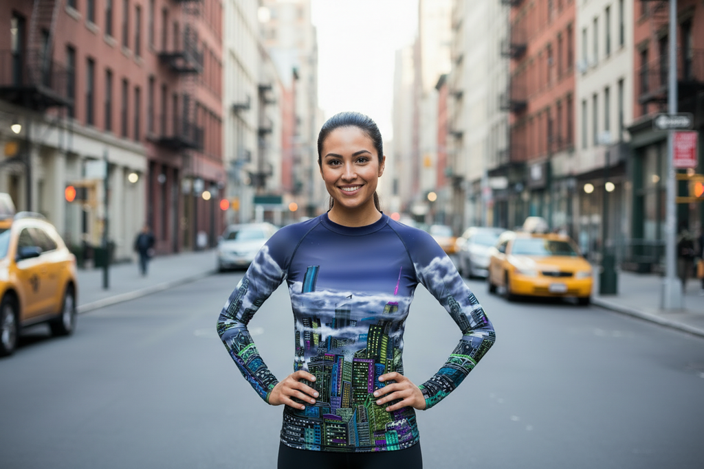 Person wearing a colorful Loria NYC Art long-sleeve shirt on a city street with taxis and buildings in the background.