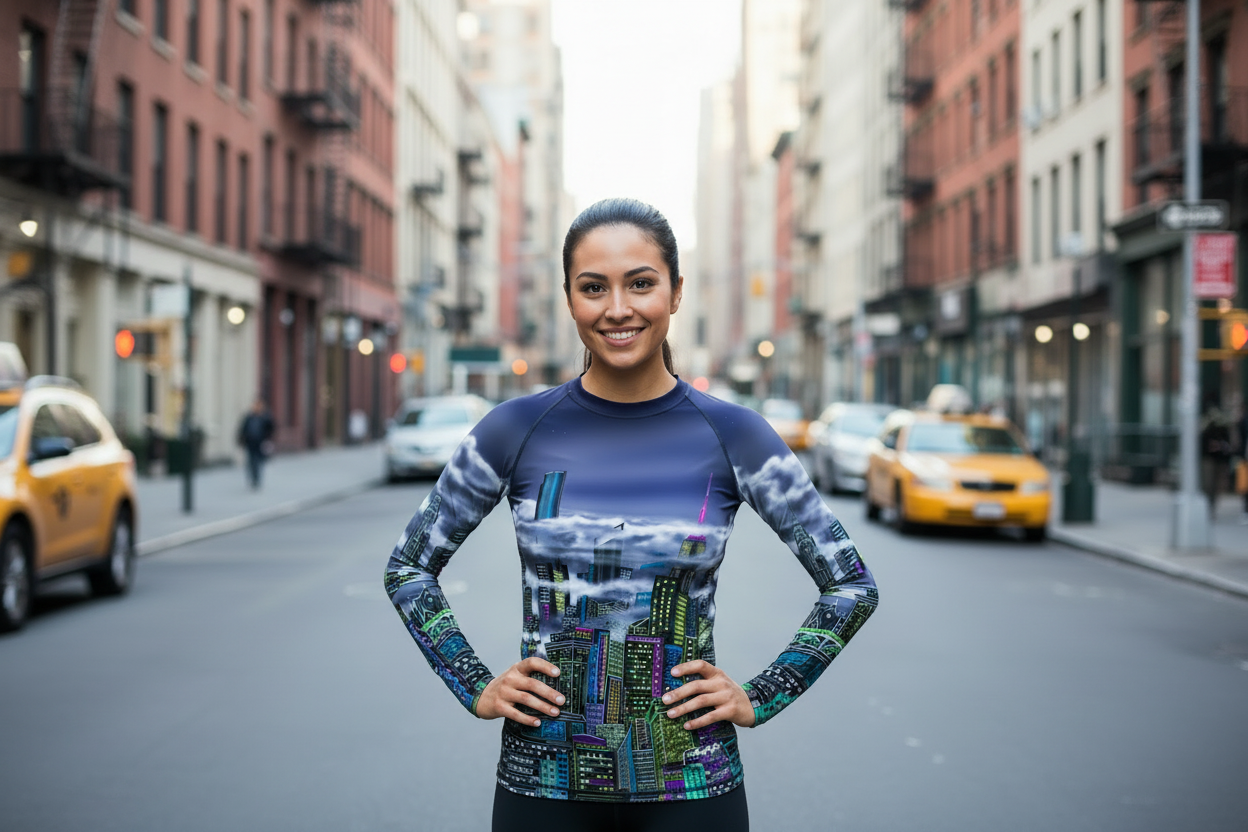Person wearing a colorful Loria NYC Art long-sleeve shirt on a city street with taxis and buildings in the background.