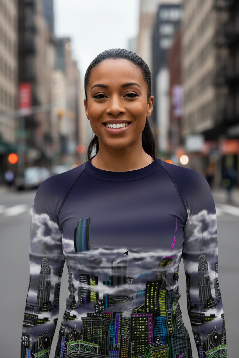 Woman wearing a long-sleeve Loria NYC Art shirt with cityscape design on a city street background