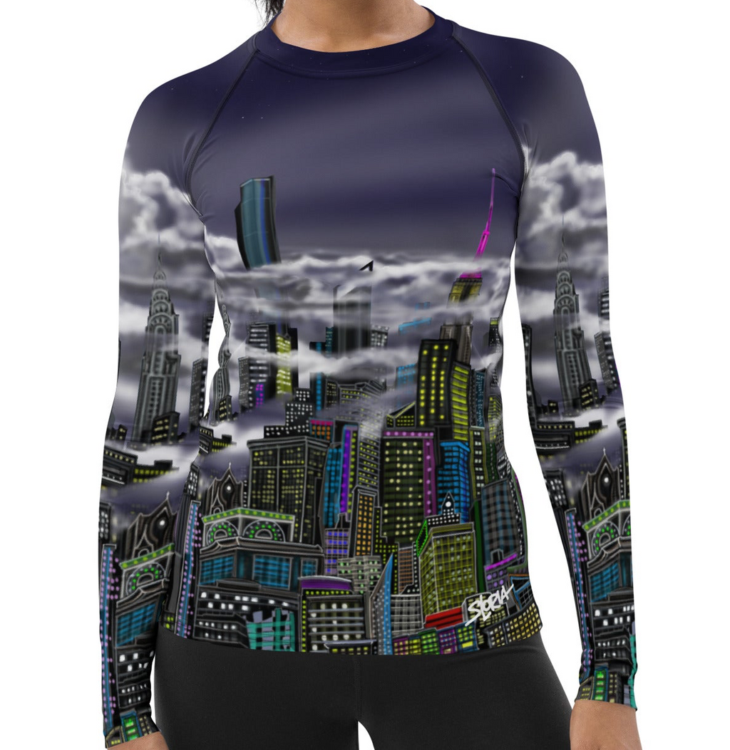 Long-sleeve shirt with cityscape Loria NYC Art design on a white background