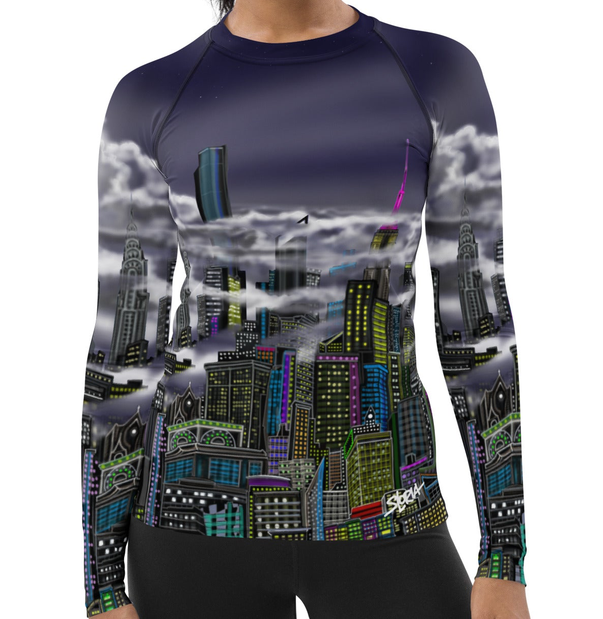 Long-sleeve shirt with cityscape Loria NYC Art design on a white background
