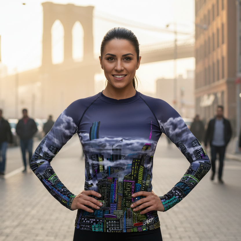 Woman wearing a colorful athletic Loria NYC Art shirt on a city street with the Brooklyn Bridge in the background