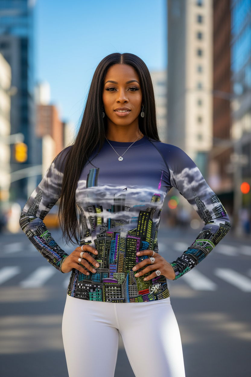 Woman wearing a colorful long-sleeve top with a cityscape Loria NYC Art design in an urban setting.