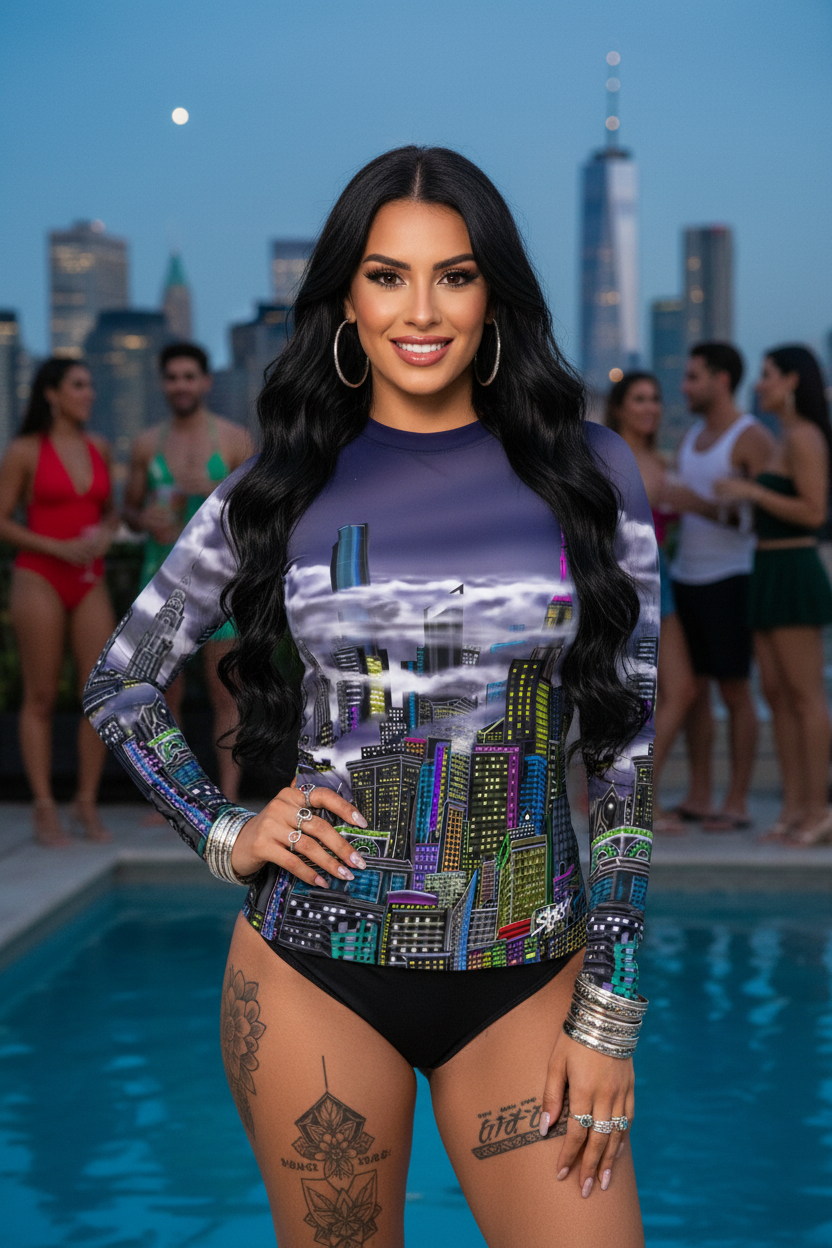 Woman in a colorful Loria NYC Art cityscape shirt standing by a pool with city skyline in the background