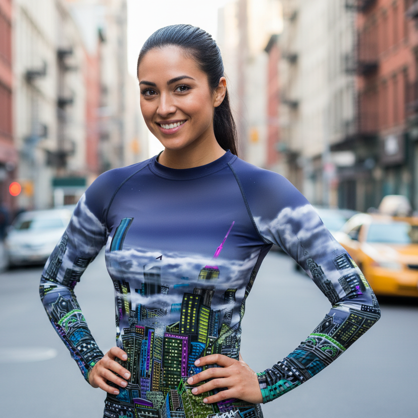 Woman wearing a Loria NYC Art cityscape-themed outfit on a city street.