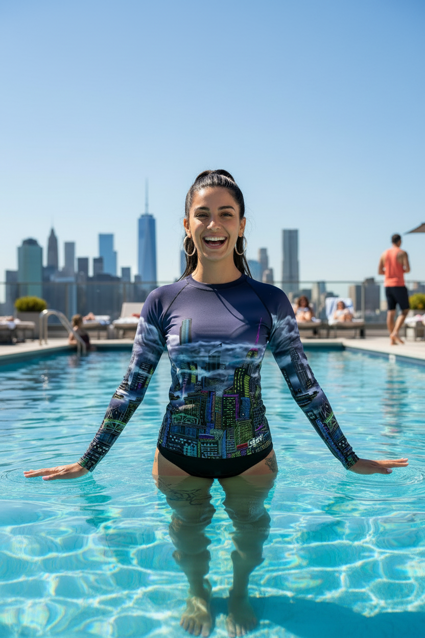 Woman in a city-themed Loria NYC Art shirt standing in a pool with a city skyline in the background